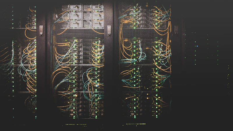 Corredor de servidores em um data center com luzes indicando atividade contínua